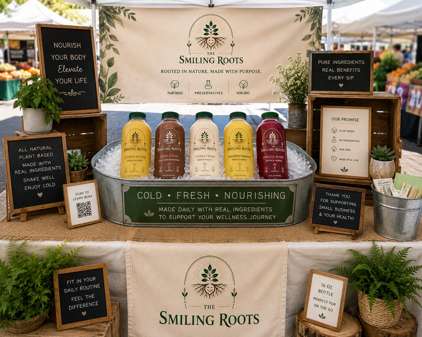 A Smiling Roots farmers market booth